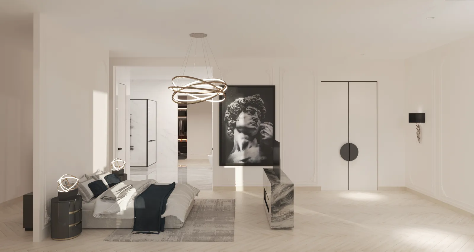 Elysium primary bedroom rendering in Euro Chic