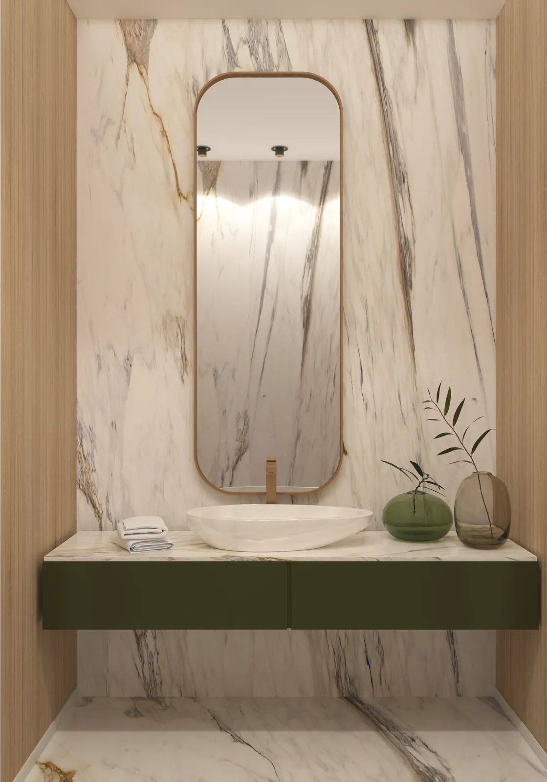 Elysium powder room rendering in Natural Boho