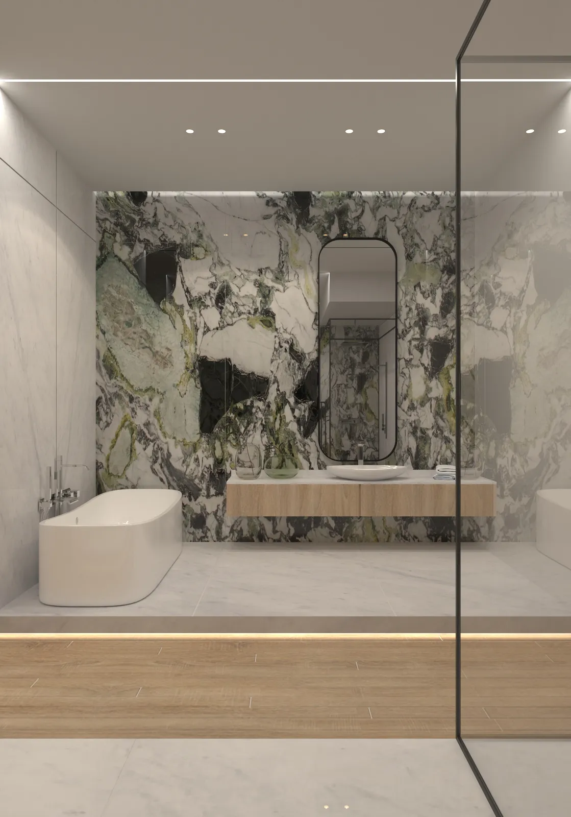 Elysium primary bath rendering in Natural Boho