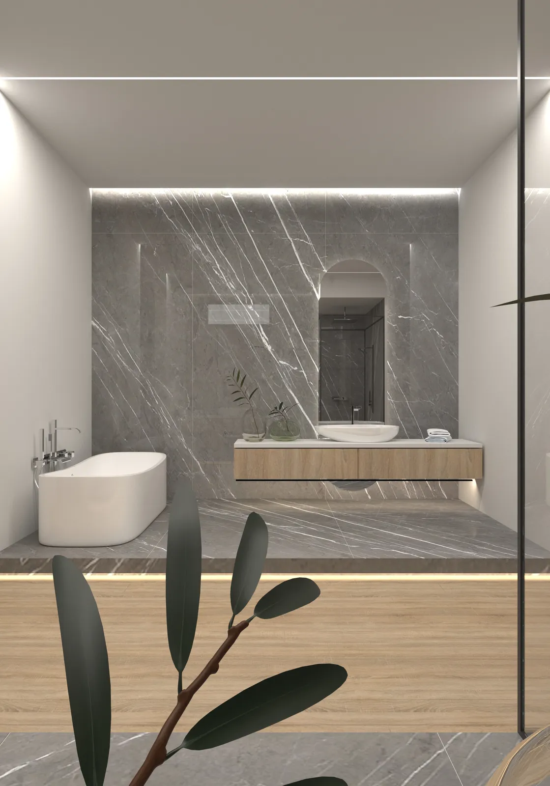 Orenda primary bath rendering in Natural Boho