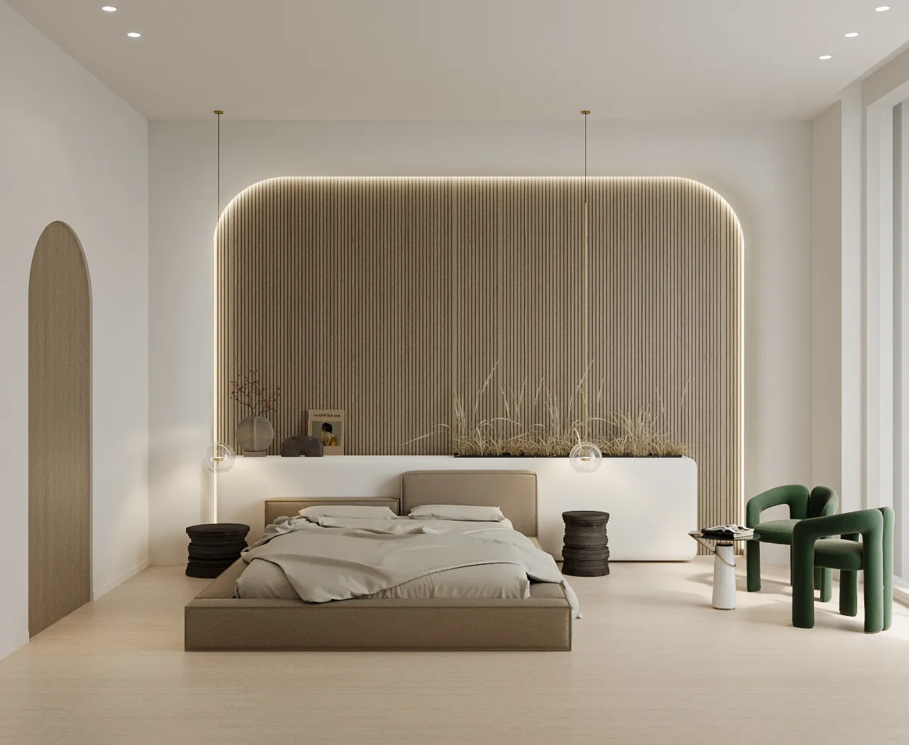 Paragon primary bedroom rendering in Natural Boho