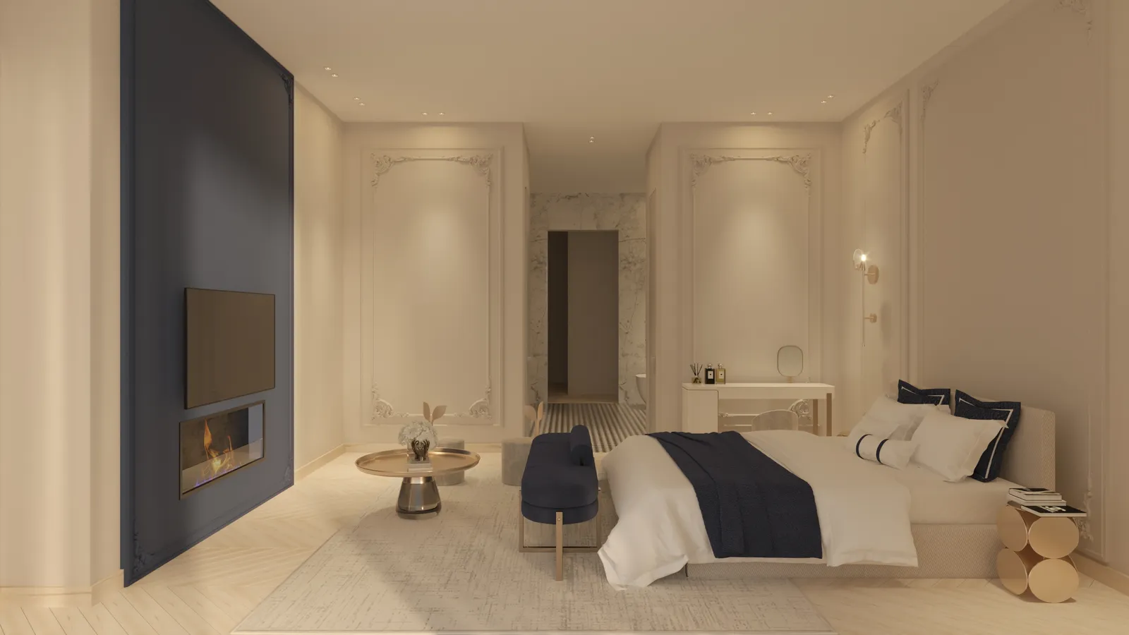 Sunfolia primary bedroom rendering in Euro Chic
