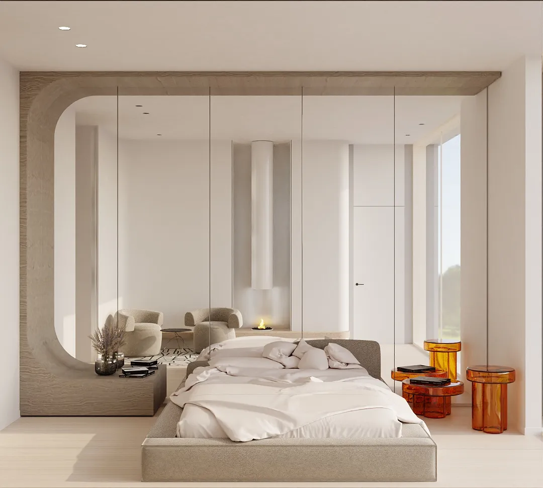 Sunfolia primary bedroom rendering in Natural Boho