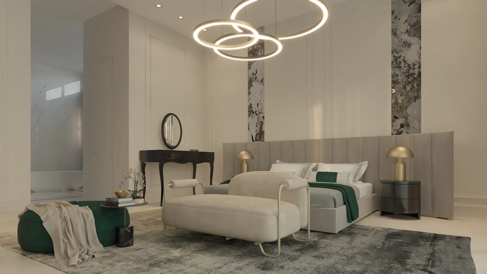Thia primary bedroom rendering in Euro Chic