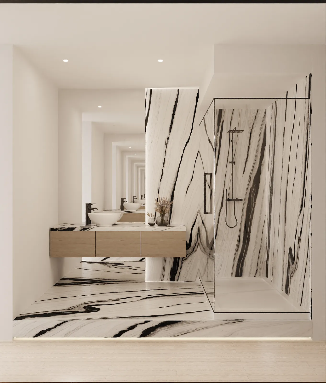Thia primary bath rendering in Natural Boho