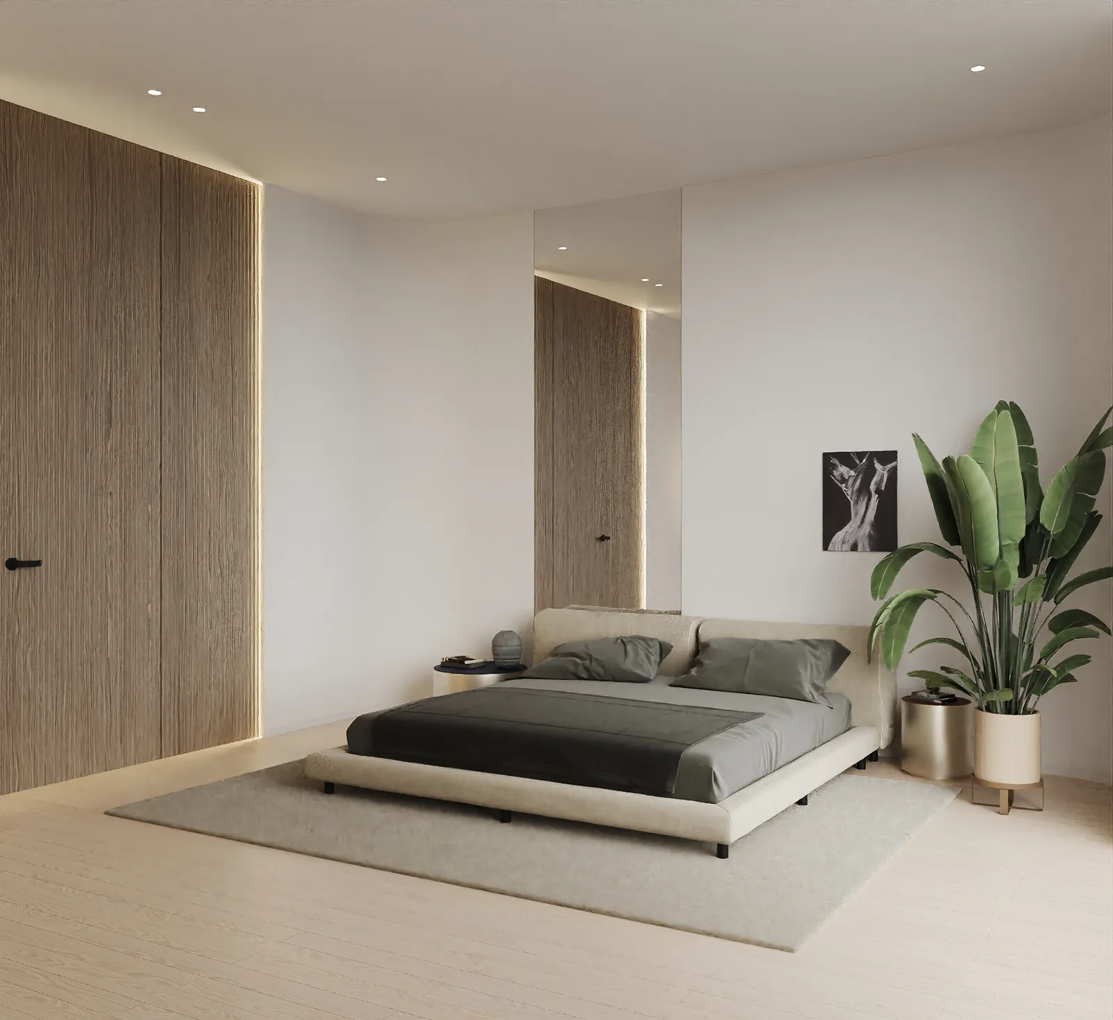 Thia primary bedroom rendering in Natural Boho