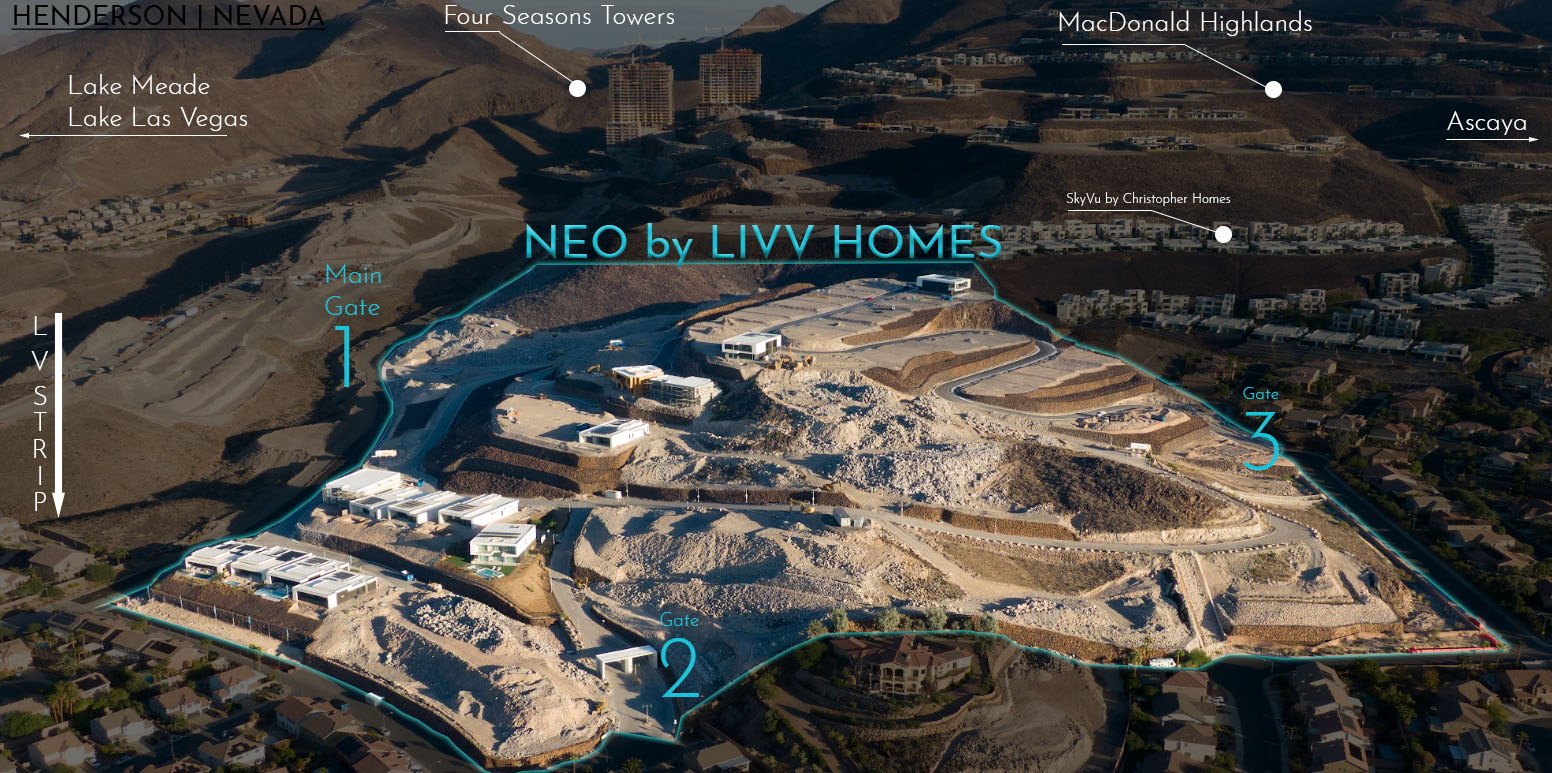 Aerial map of Neo by Livv Homes on the Henderson hillside with nearby MacDonald Highlands, Ascaya, Four Seasons Towers and SkyVu